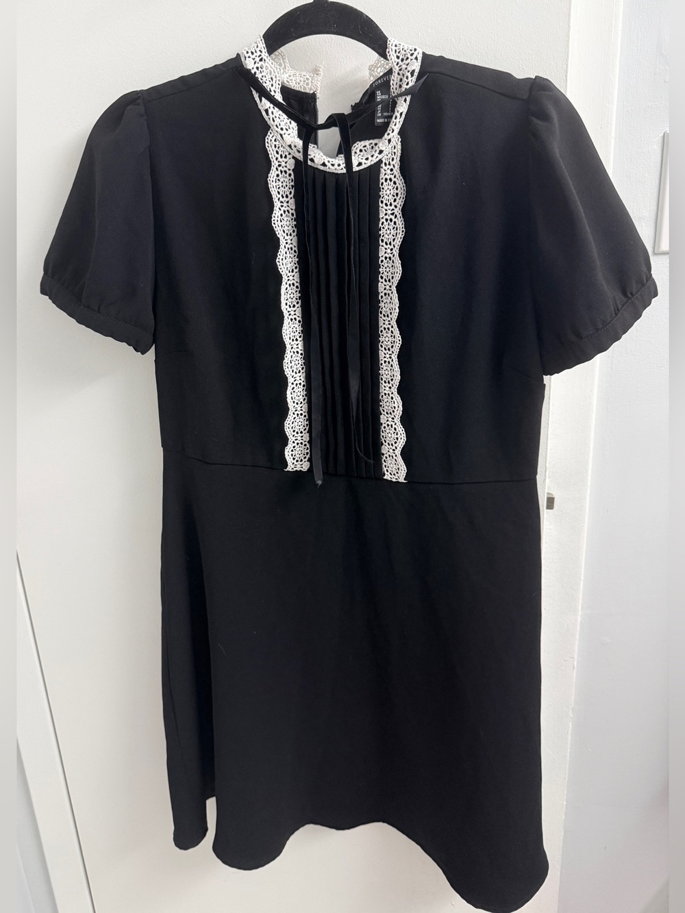Forever 21 Black Lace Pintuck Velvet Tie Coquette Mini Dress (Size L)